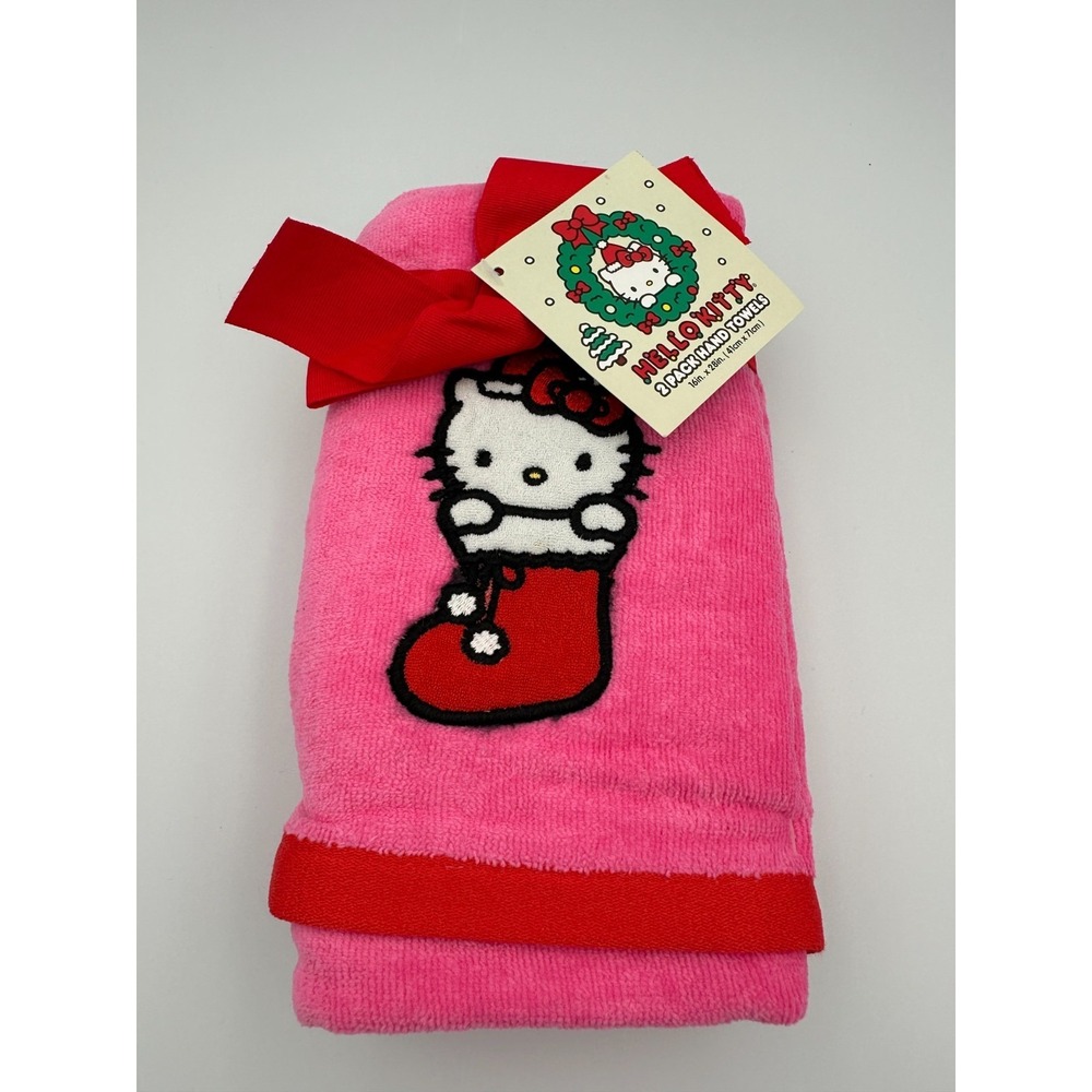 2 Pack HELLO KITTY Pink Hand Towels Christmas Holiday Stocking Embroidered NEW